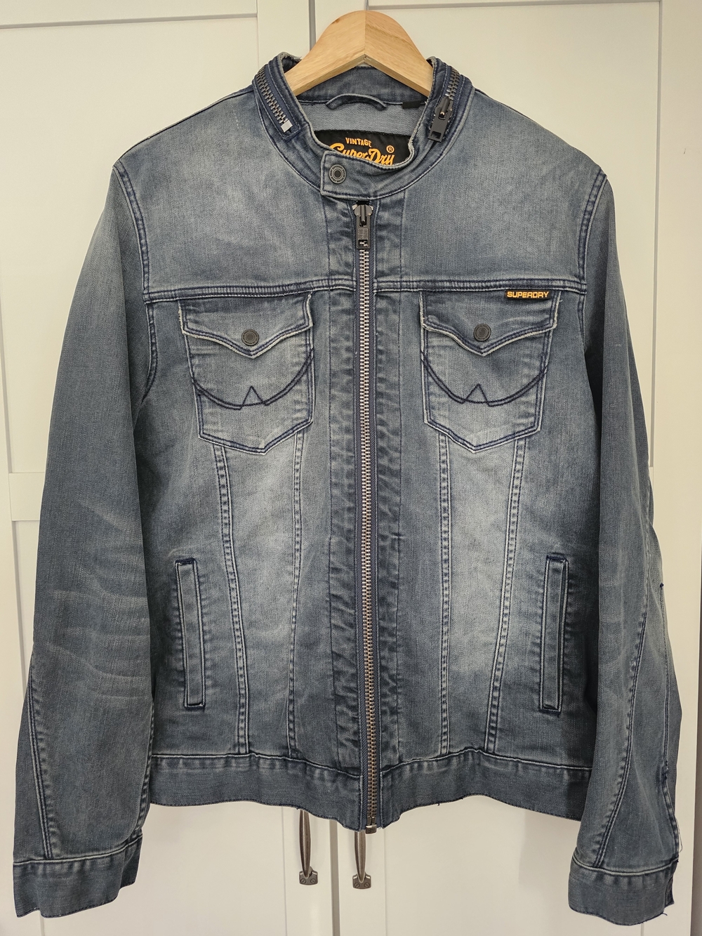 Superdry Men's Vintage Copper Black Denim Biker Jacket Blue Distressed 2XL